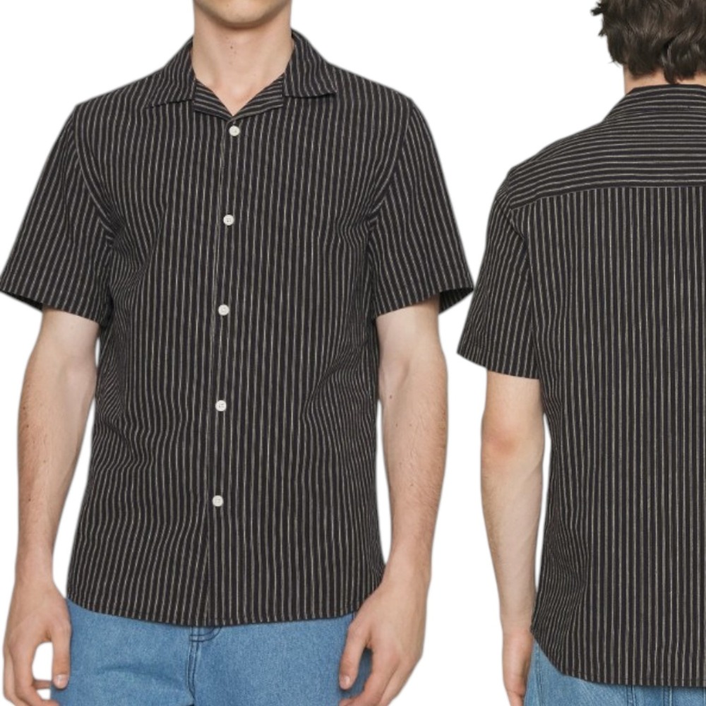 Wax London L Didot Camp Collar Black Striped Short Sleeve Buttoned Shirt Utility